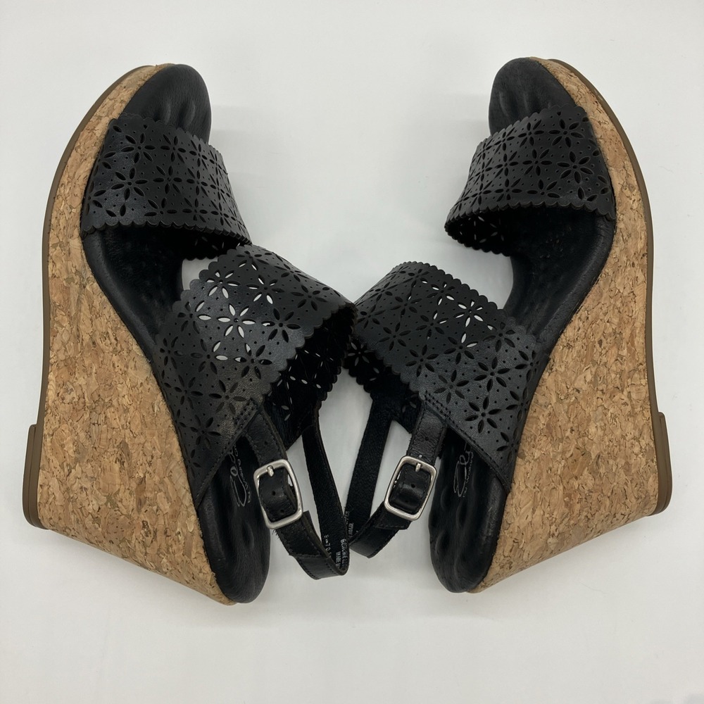 Walking Cradles Sandals 9 W Black Leather Cork Wedge Slingback Shoes Ankle Strap - Picture 8 of 14